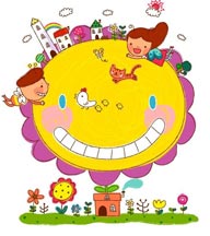 童年幻想插画-笑脸花朵旁的蜜蜂男孩和蝴蝶女孩