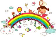 童年幻想插画-彩虹上奔跑拿着捕捉网的女孩