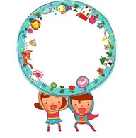 童年幻想插画－举着圆圈的超人和小女孩