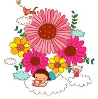 童年幻想插画－趴在花朵白云上读书的女孩