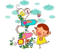 童年幻想插画－指路牌旁边欢乐的女孩