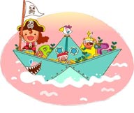 童年幻想插画－坐在鲨鱼纸船上的小海盗船长