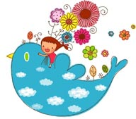 童年幻想插画－坐在云朵图案小鸟背上的女孩