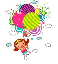 童年幻想插画－拽着五彩气球飞翔的小女孩