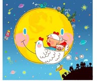 童年幻想插画－骑着小鸡飞向月亮的小男孩