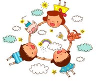童年幻想插画-手拉着手在天空上飞翔的孩子们