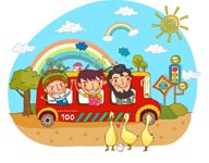 童年幻想插画-坐着巴士去旅游的孩子们