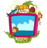 童年幻想插画-热带元素与电视机