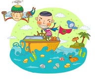 童年幻想插画－驾驶舰船的海盗男孩