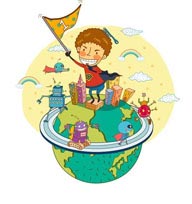 童年幻想插画－站在地球球体上手拿旗子的男孩