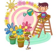 童年幻想插画－坐在梯子上给花朵浇水的男孩