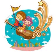 童年幻想插画－幻想坐着吉他飞翔的男孩和女孩