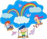 童话传说插画－在蓝天白云彩虹下荡秋千的孩子们