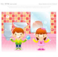 儿童生活插画之卫生间刷牙的男孩和女孩