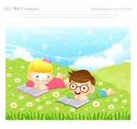 儿童生活插画之趴在草地看书的黄发女孩和眼镜男孩