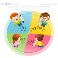 儿童生活插画之站在四色圆盘上写韩文的孩子们