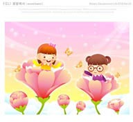 儿童生活插画之站在美丽粉色花朵里的女孩