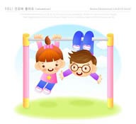 儿童生活插画之玩单杠的小男孩和小女孩