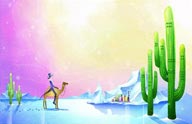 梦幻手绘插画一骑着骆驼站在冰上的燕尾服绅士