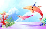 梦幻手绘插画一骑在梦幻海豚背上的燕尾服绅士