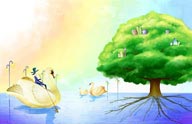 梦幻手绘插画一坐着天鹅船划向生命之树的梦幻绅士