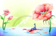 梦幻手绘插画一坐在水面上漂浮花瓣的梦幻绅士