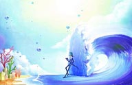梦幻手绘插画－用冰封挡住海浪的梦幻魔法师