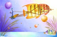 梦幻手绘插画－驾驶飞鱼马车驰骋在空中的梦幻绅士