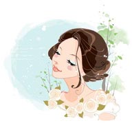 时尚美女化妆—闭着眼睛的漂亮新娘白玫瑰花朵树叶墨迹
