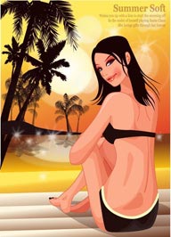 沙滩美女－坐着穿着黑色泳装的女性
