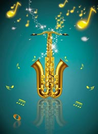 音乐晚会海报广告：萨克斯乐器和飞舞的音符