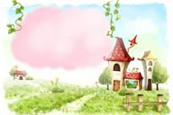 手绘卡通漫画素材-彩绘背景上的红色云朵前面的卡通房子