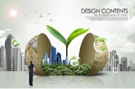 创意商业设计-低碳环保大厦与地球外壳中的绿芽