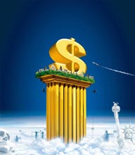 房地产广告展板-3D立体效果金融货币符号柱子云层楼房