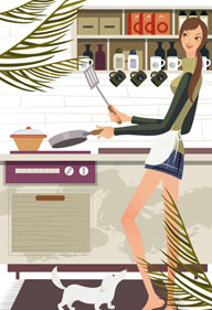 女性生活插画矢量素材-女性下厨