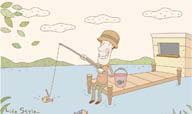 韩国时尚人物矢量素材 卡通在湖边钓鱼的男孩
