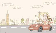 韩国时尚人物矢量素材 卡通开着小汽车带着草帽的女孩
