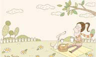 韩国时尚人物矢量素材 卡通坐在草地野餐布上喝茶的女孩