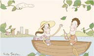 韩国时尚人物矢量素材 卡通公园湖泊上划船的情侣