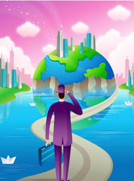 IT行业商务商业卡通插画-卡通地球仪和商务人士