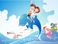 韩国清新插画素材-骑着海豚的少年