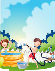 韩国清新插画素材-玩水的少年